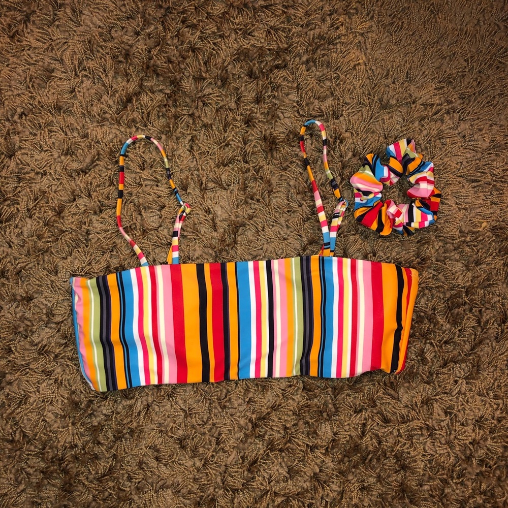 Striped bandeau swim top with straps & scrunchie